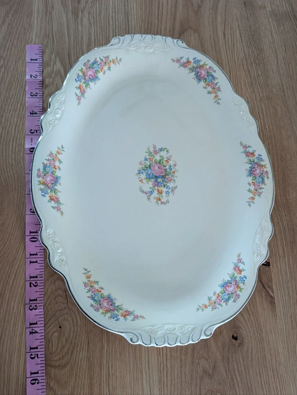 VTG Homer Laughlin 1933 Porcelain Serving Platter Pastel Floral and Silver